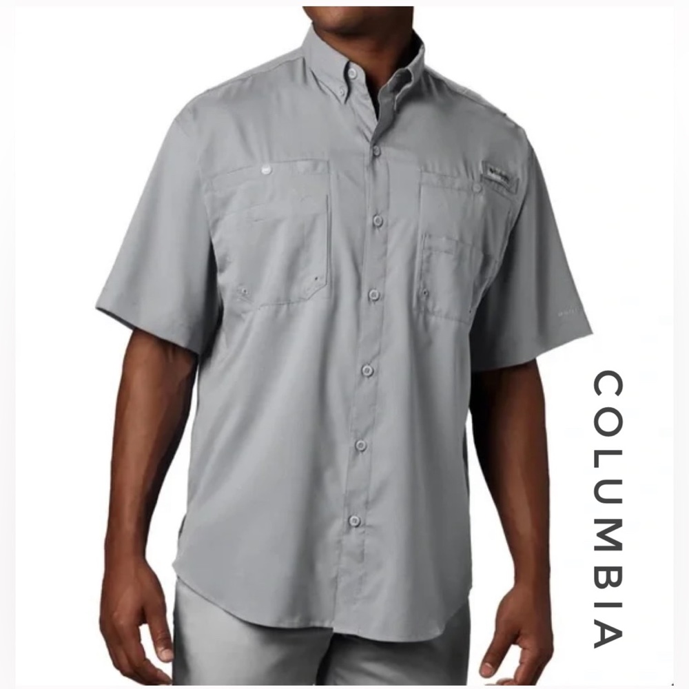 Columbia Mens PFG Omni Shade Short Sleeve Shirt Gray Large UPF 40 Fishing